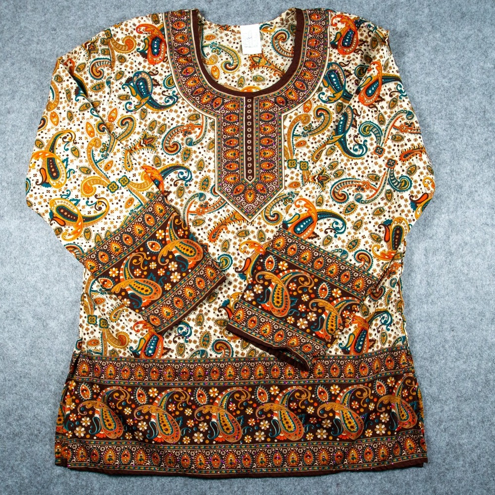 Boho Border Print Tunic Top S Flowy Peasant Blouse Blue Red Indie Festival